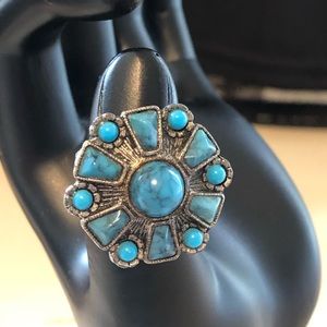Boho adjustable turquoise silver tone ring cowgirl
